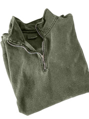 Men's Quarter Zip Distressed Washed Cotton Zipper Long Sleeve Sweatshirt