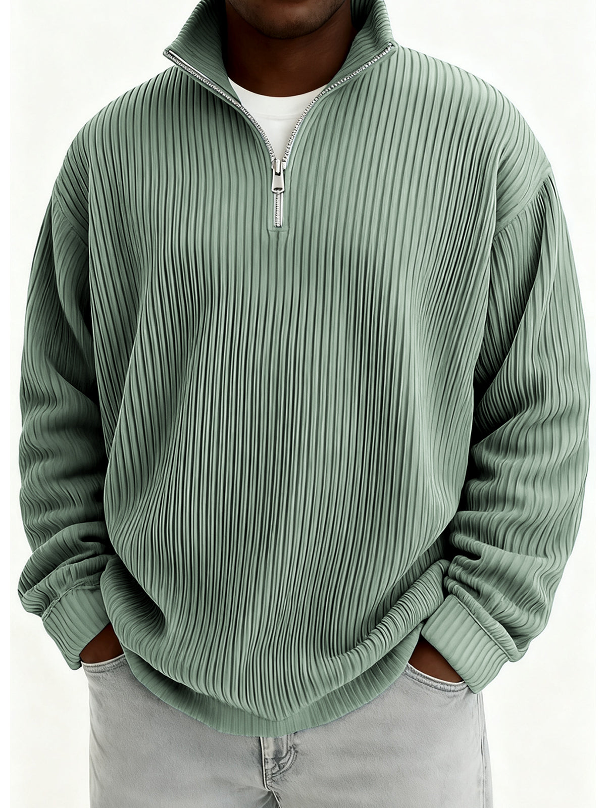 Men's Quarter-Zip Stylish Pleated Ribbed Pullover