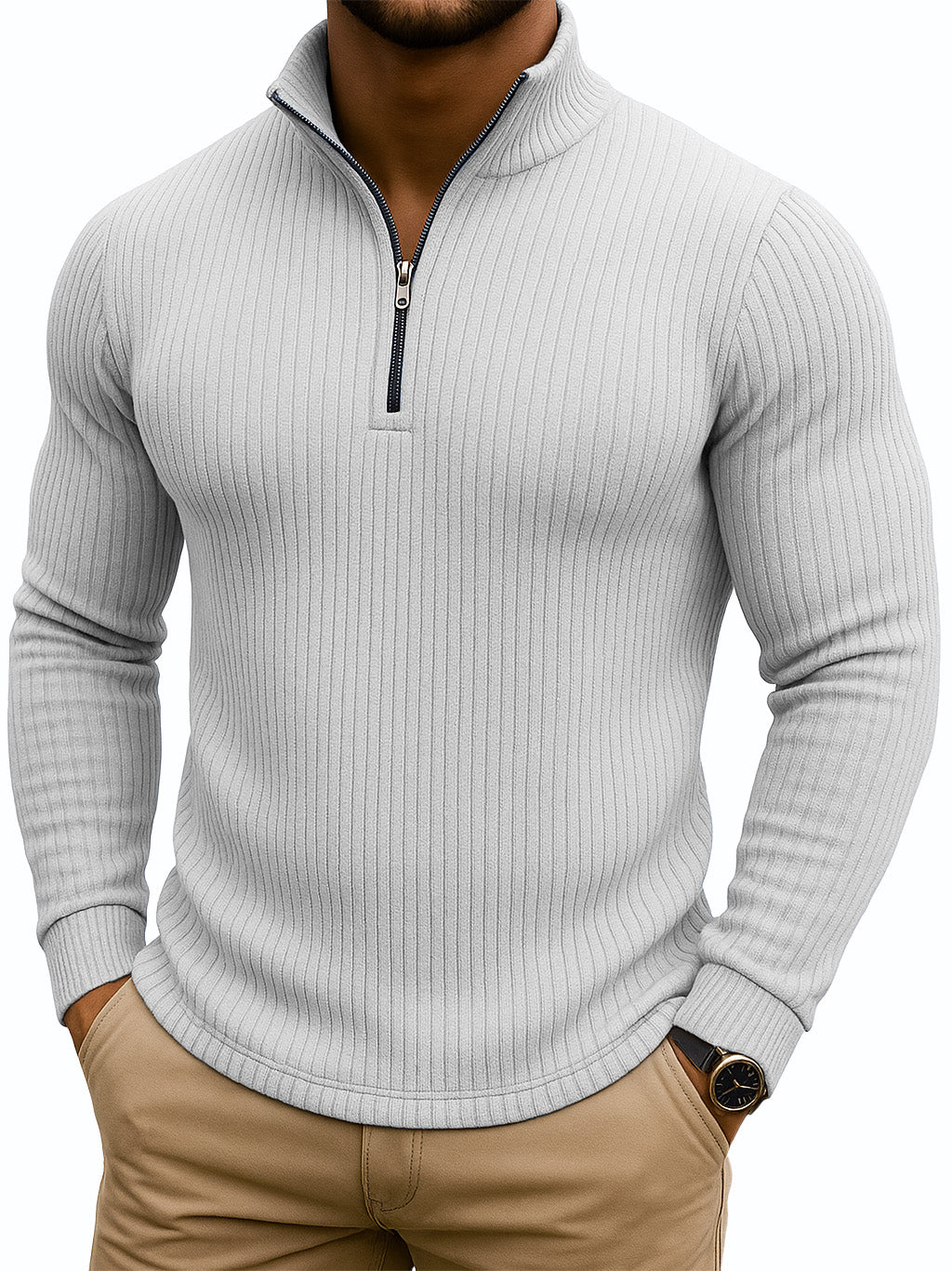 Men's Retro Casual Solid Color Striped Stand-up Collar Quarter-Zip Sweatshirt