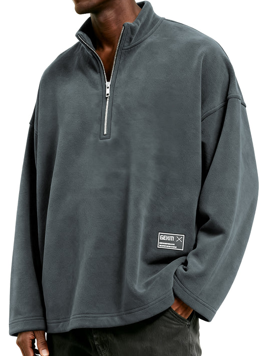 Men's Half-Zip Polar Fleece Stand Collar Embroidered Label Sweatshirt