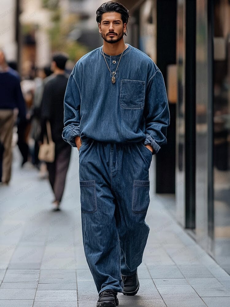 Vintage-Inspired Denim Cargo 2-Piece Set