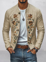 Floral Embroidered Cotton Linen Shirt Jacket