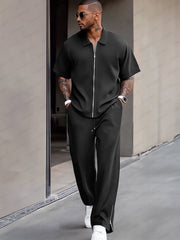 Simple Refined Zipper Design Shirt Set