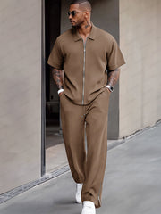 Simple Refined Zipper Design Shirt Set