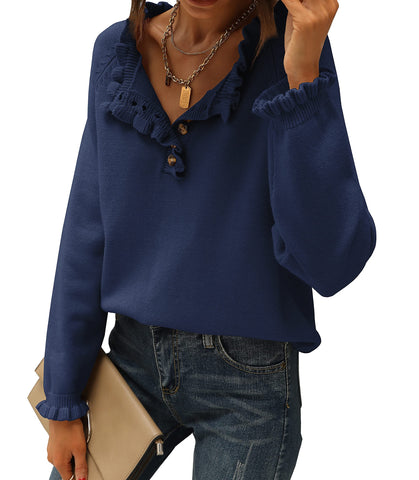 Women's Crew Neck Ruffle Cashmere Pullover Sweater