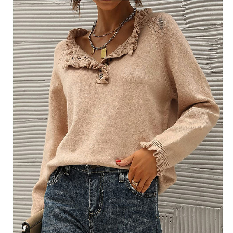 Women's Crew Neck Ruffle Cashmere Pullover Sweater