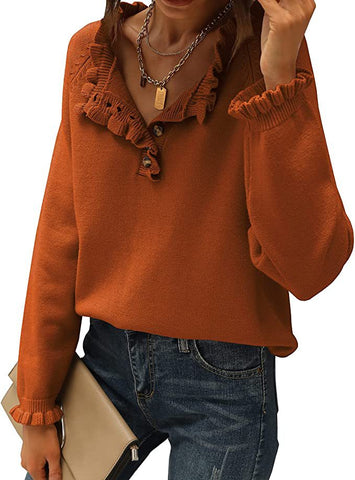 Women's Crew Neck Ruffle Cashmere Pullover Sweater