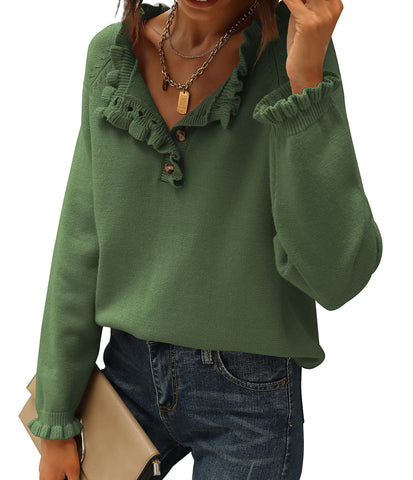 Women's Crew Neck Ruffle Cashmere Pullover Sweater