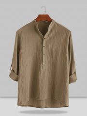 Stand Collar Cotton Linen Style Long Sleeve Shirt