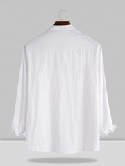 Stand Collar Cotton Linen Style Long Sleeve Shirt