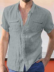 Lapel Collar Solid Color Double Pocket Shirt