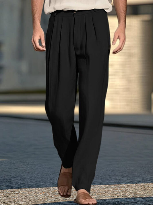 Cotton Linen Pleated Wide-Leg Trousers