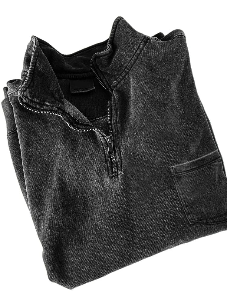 Men's Quarter-zip Distressed Washed Cotton Pocket Zippered Long-sleeved Sweatshirt