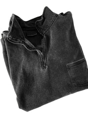 Men's Quarter-zip Distressed Washed Cotton Pocket Zippered Long-sleeved Sweatshirt