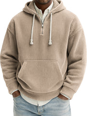 Men's Stylish Quarter-zip Corduroy Ribbed Casual Pullover Hooded Sweatshirt