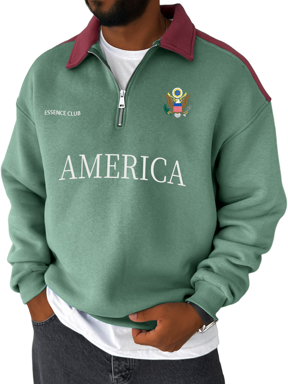 Men's Stylish Vintage American Print Contrast Zipper Sweatshirt