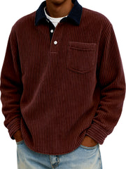 Men's Stylish Corduroy Color-Block Polo Shirt Pullover with Chest Pocket