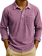 Men's Vintage Long Sleeve Polo Shirt with Chest Pocket