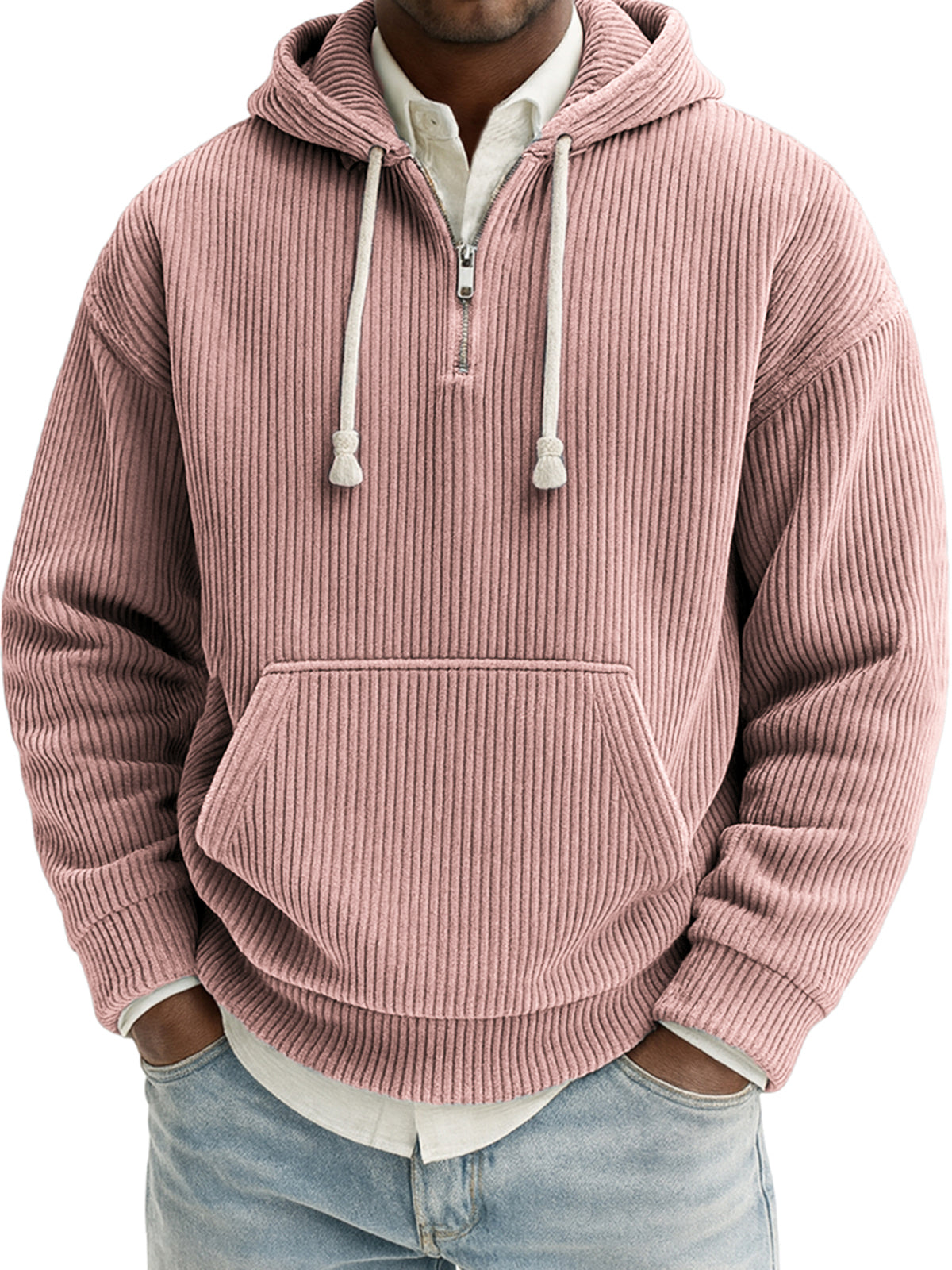 Men's Stylish Quarter-zip Corduroy Ribbed Casual Pullover Hooded Sweatshirt