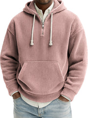Men's Stylish Quarter-zip Corduroy Ribbed Casual Pullover Hooded Sweatshirt