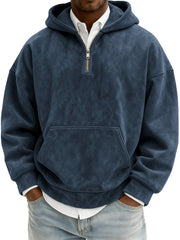 Men's Vintage Suede Quarter-Zip Hooded Sweatshirt with Kangaroo Pocket
