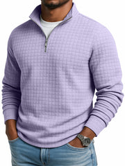 Men's Casual Solid Color Large Waffle Quarter Zip Stand Collar Sweatshirt