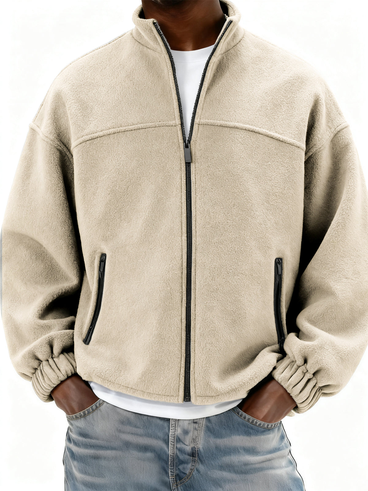 Men's Fleece Full Zip Stand Collar Jacket with Side Pockets