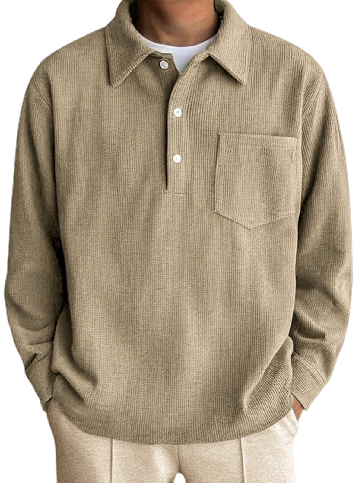 Men's Long Sleeve Pocket Polo Shirt with Vertical Stripes