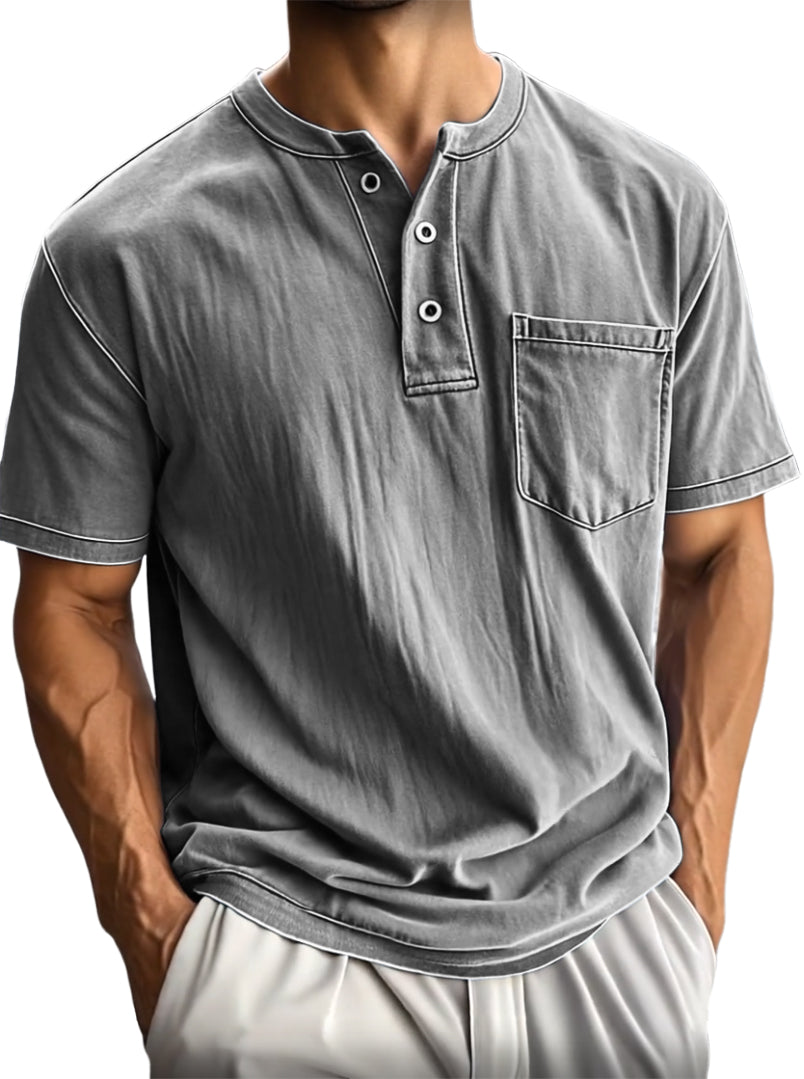 Men's Washed And Distressed Cotton Vintage Henley Collar Short-sleeved T-shirt