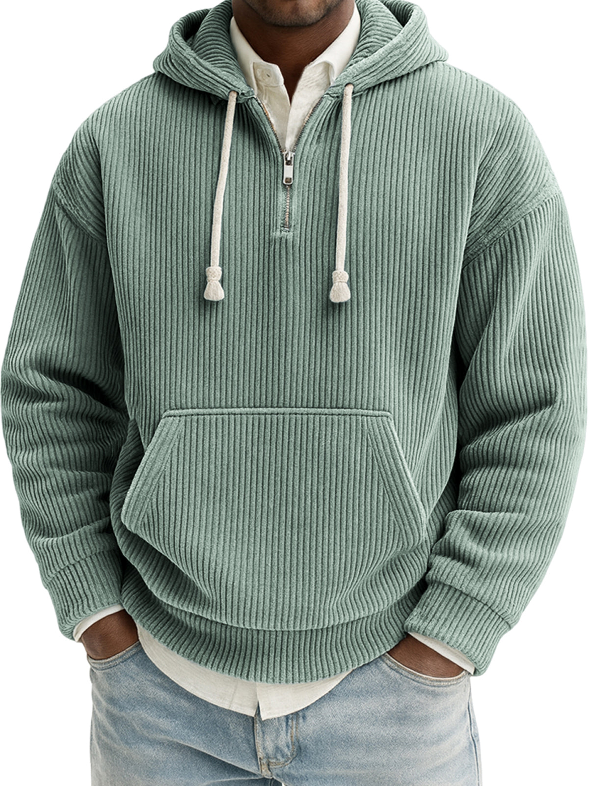 Men's Stylish Quarter-zip Corduroy Ribbed Casual Pullover Hooded Sweatshirt