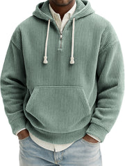 Men's Stylish Quarter-zip Corduroy Ribbed Casual Pullover Hooded Sweatshirt