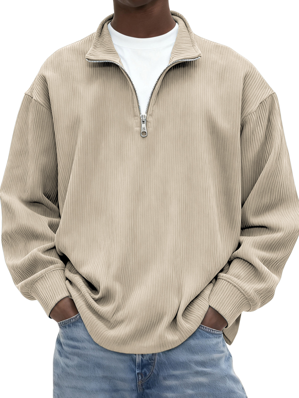 Men's Minimalist Ribbed Quarter Zip Long-sleeved T-shirt