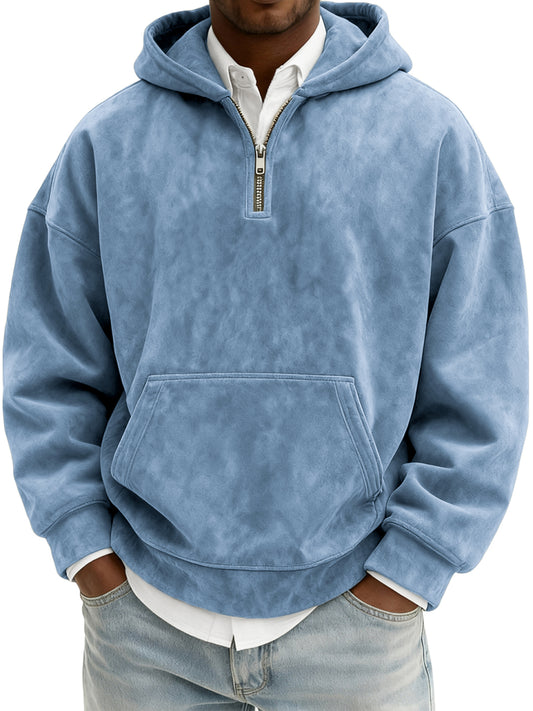 Men's Vintage Suede Quarter-Zip Hooded Sweatshirt with Kangaroo Pocket