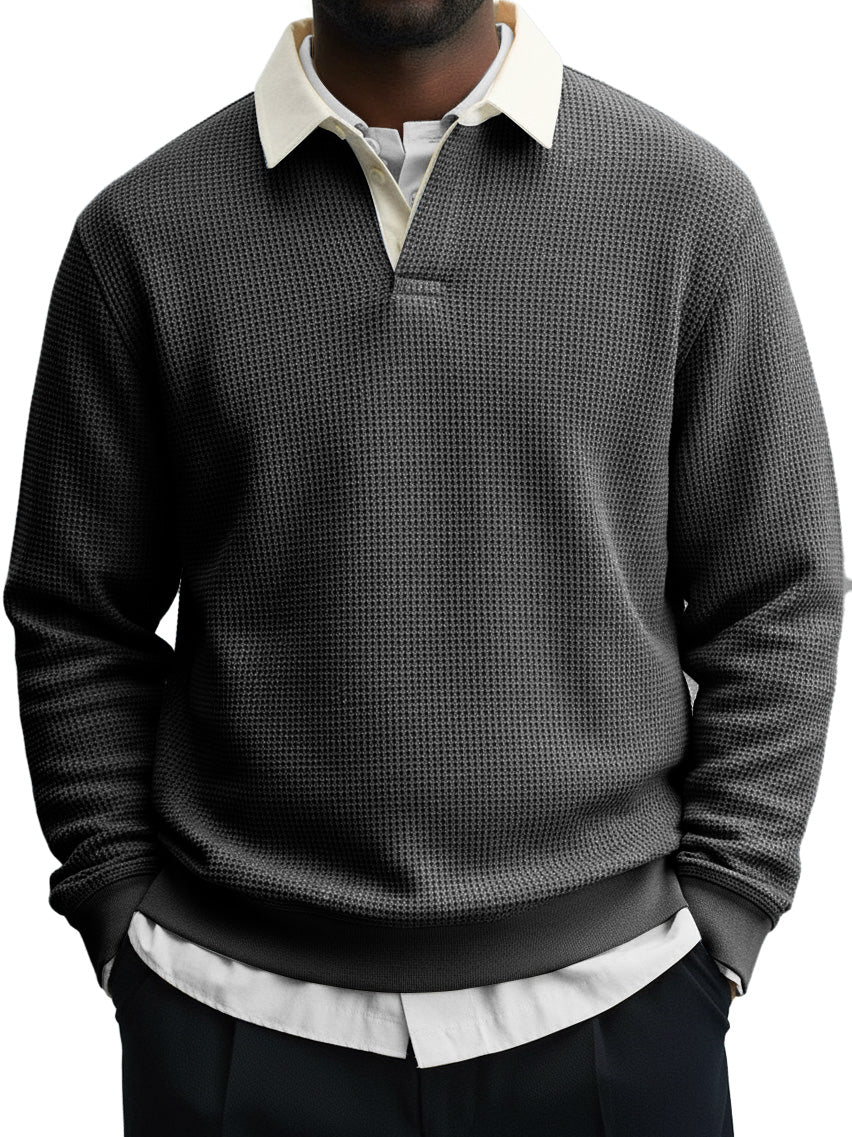 Men's Casual Stylish Waffle Contrast Lapel Sweatshirt