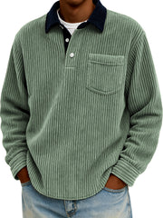 Men's Stylish Corduroy Color-Block Polo Shirt Pullover with Chest Pocket