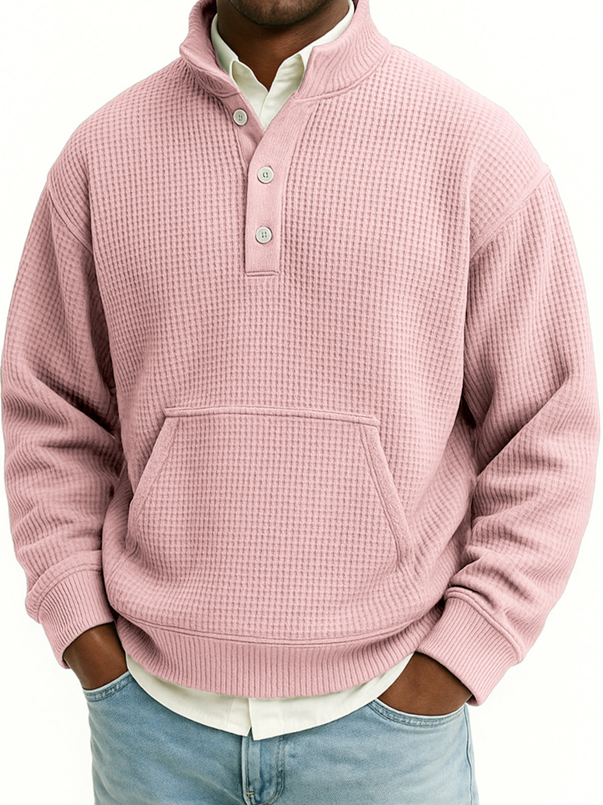Men's Waffle Quarter Zip Stand Collar Sweatshirt with Kangaroo Pockets