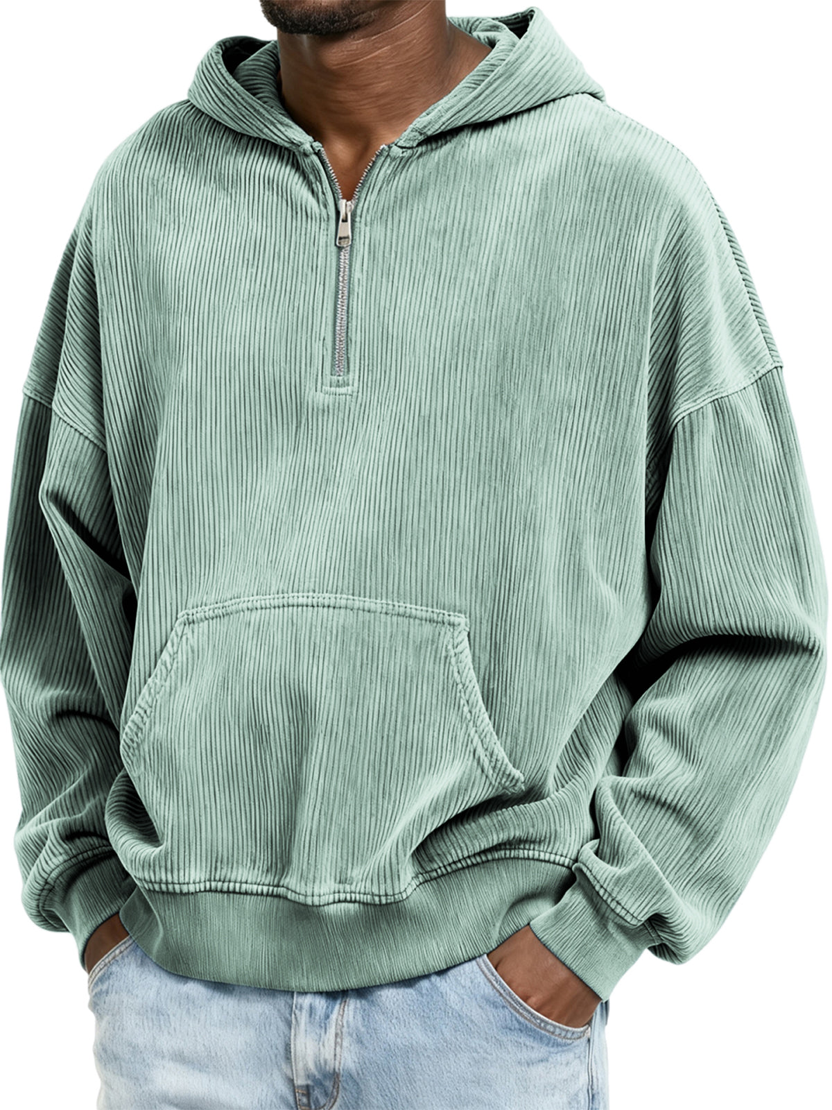Corduroy Ribbed Stylish Quarter Zip Pullover Sweatshirt with Kangaroo Pocket