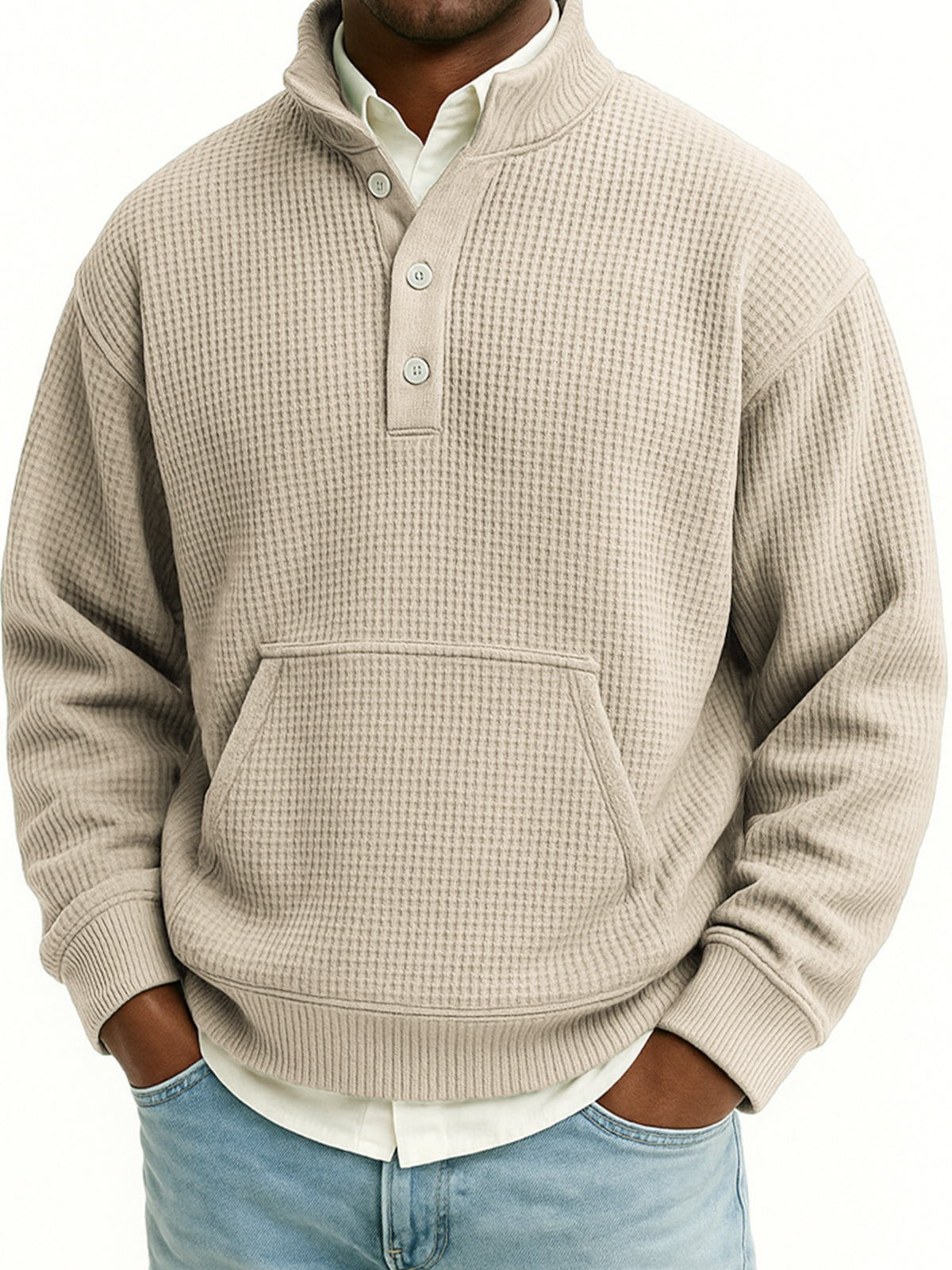 Men's Waffle Quarter Zip Stand Collar Sweatshirt with Kangaroo Pockets