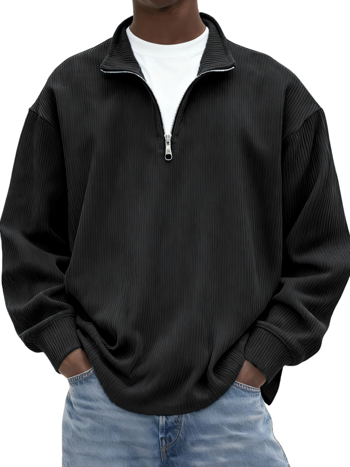 Men's Minimalist Ribbed Quarter Zip Long-sleeved T-shirt