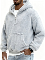 Men's Stylish Coral Fleece Hooded Sweatshirt with Kangaroo Pockets and A Quarter Zip