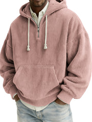 Men's Stylish Quarter-zip Corduroy Hooded Sweatshirt with Kangaroo Pockets