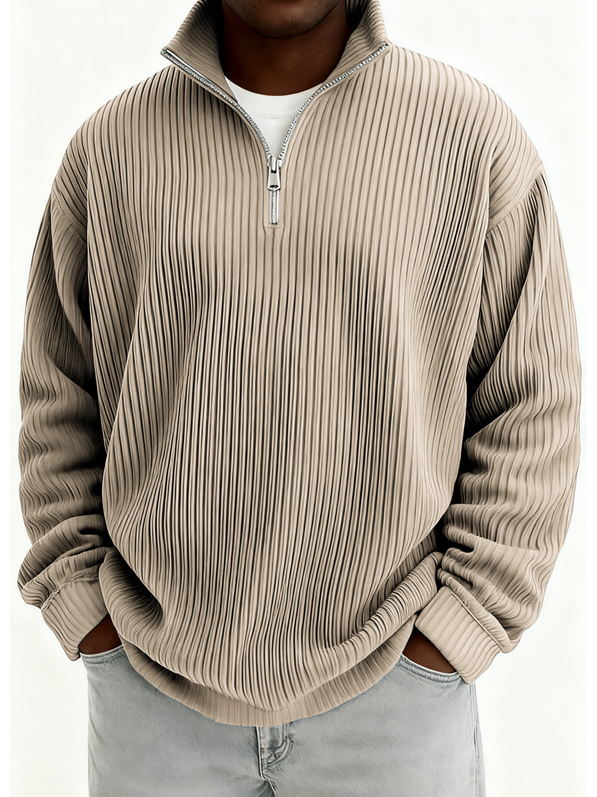 Men's Quarter-Zip Stylish Pleated Ribbed Pullover