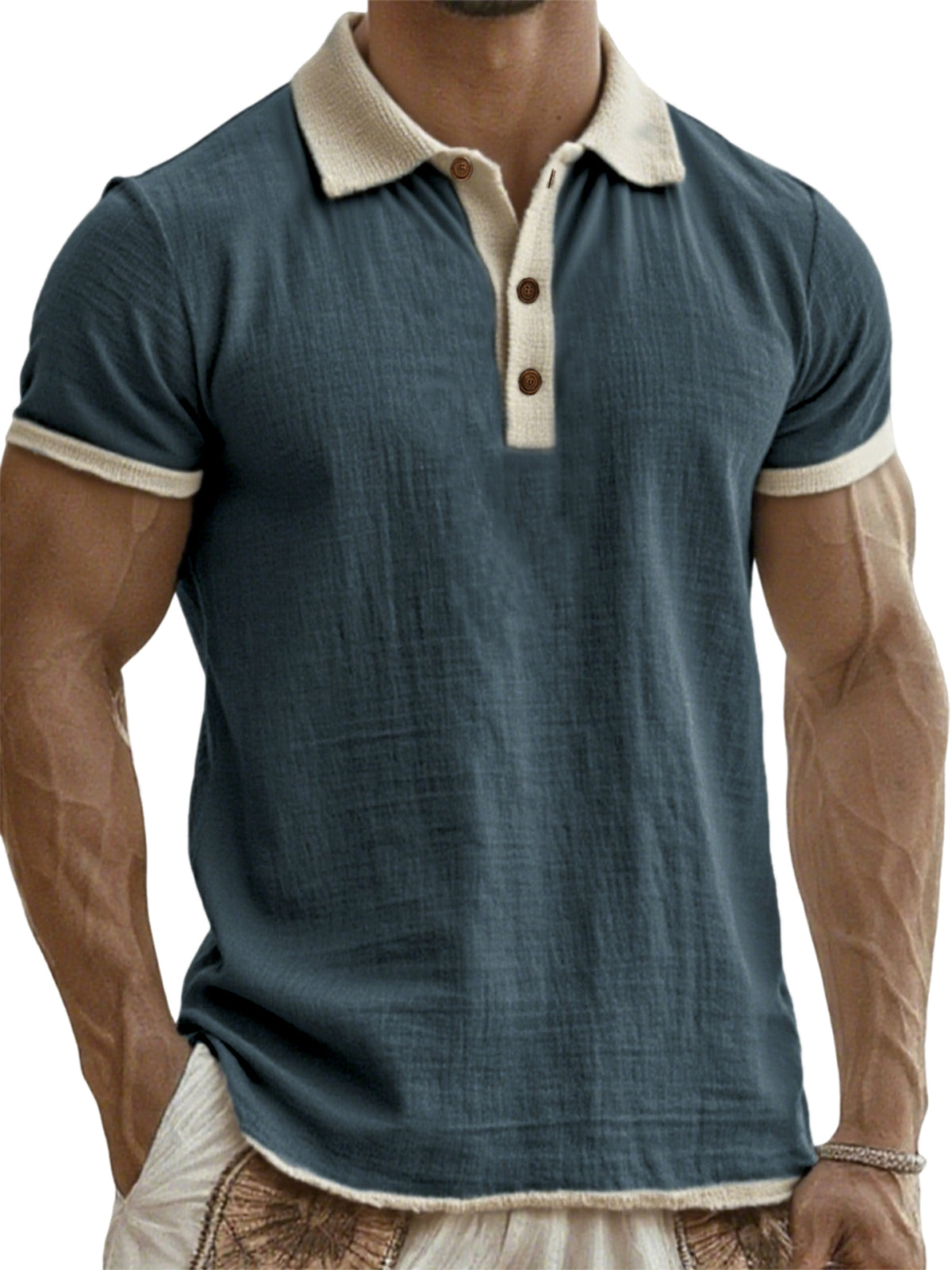 Men's Breathable Linen Crinkled Casual Colorblock Vacation Daily Short-sleeved Polo Shirt
