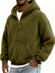 Men's Stylish Coral Fleece Hooded Sweatshirt with Kangaroo Pockets and A Quarter Zip