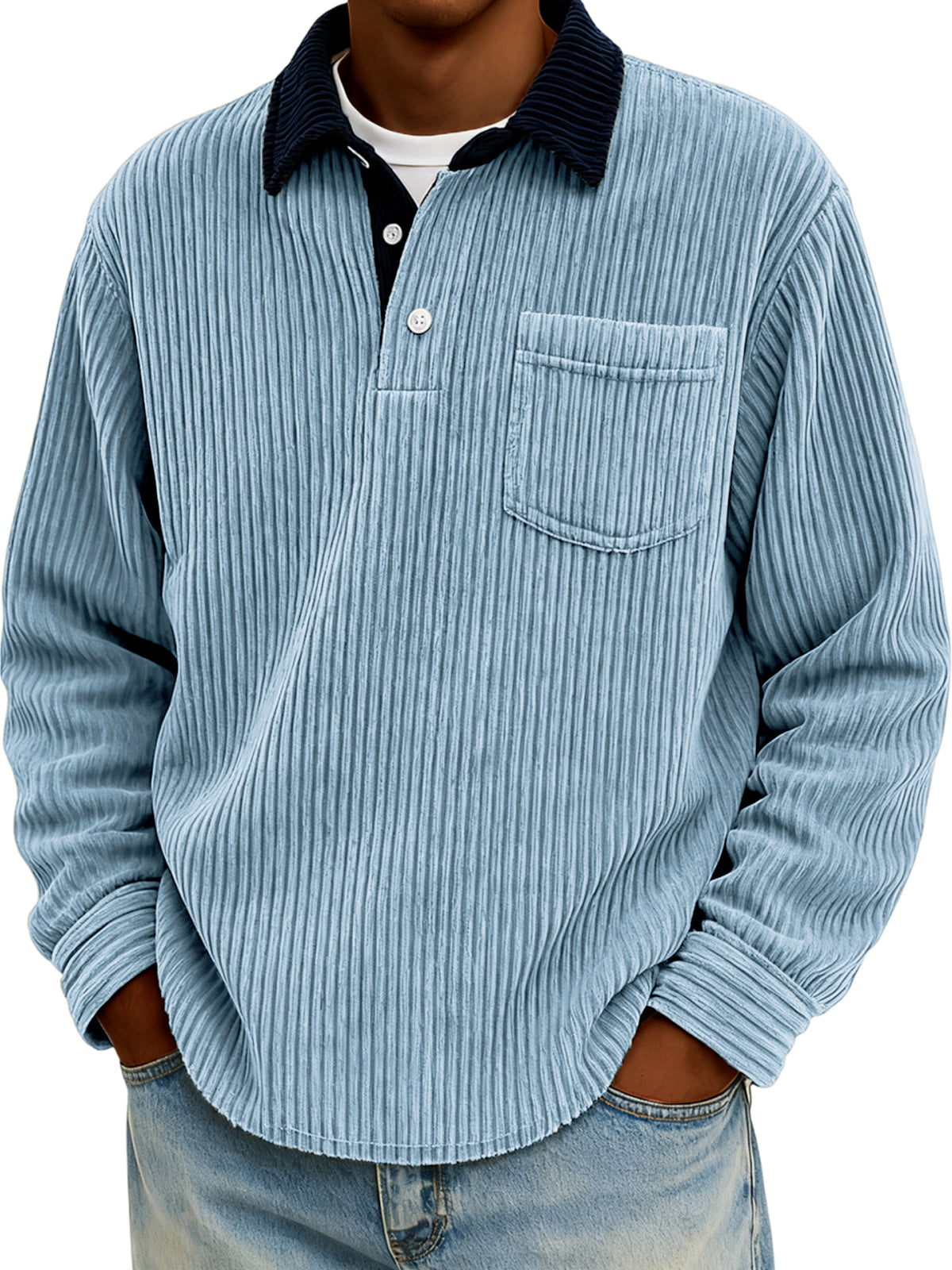 Men's Stylish Corduroy Color-Block Polo Shirt Pullover with Chest Pocket