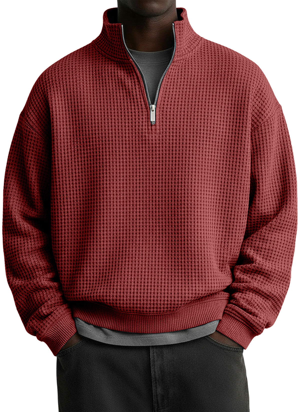 Men's Casual Solid Waffle Fabric Stand Collar Zip Sweatshirt