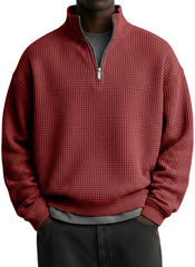 Men's Casual Solid Waffle Fabric Stand Collar Zip Sweatshirt