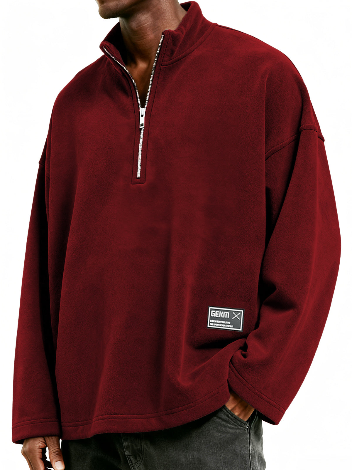 Men's Half-Zip Polar Fleece Stand Collar Embroidered Label Sweatshirt