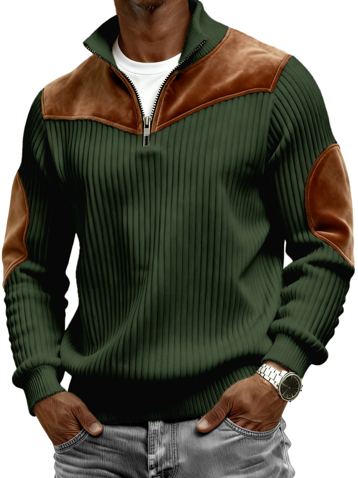 Men's Vintage Wide-ribbed Quarter-zip Suede Stitching Pullover