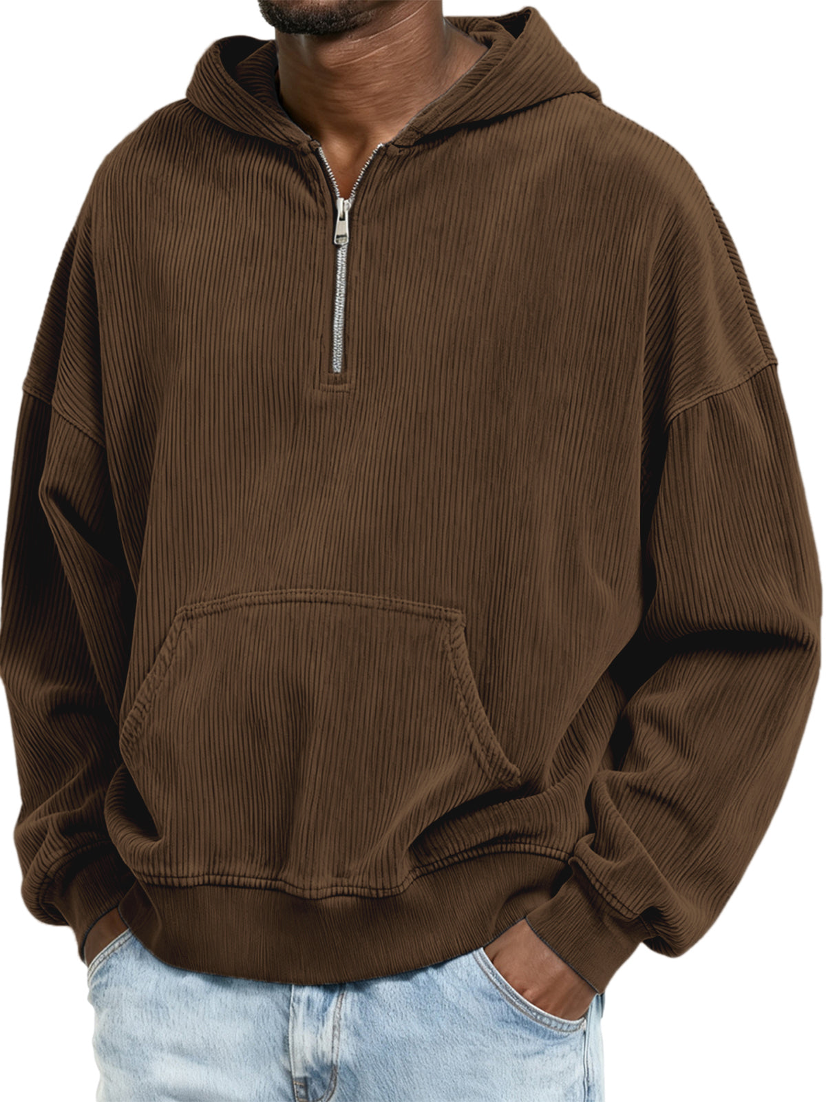 Corduroy Ribbed Stylish Quarter Zip Pullover Sweatshirt with Kangaroo Pocket